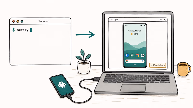 Hand-drawn split showing scrcpy terminal command and laptop window mirroring Android screen with 35ms latency.