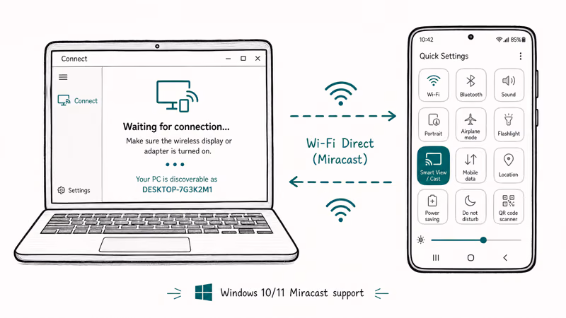 Hand-drawn Windows Connect app waiting for cast with Android Smart View cast button highlighted and Wi-Fi Direct arrows.