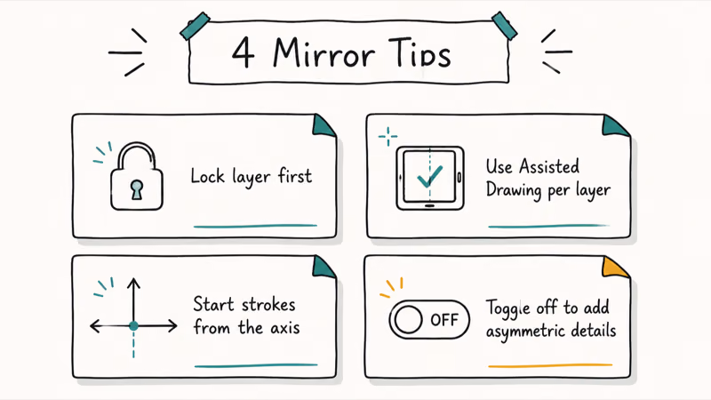 Four-sticky-note hand-drawn Procreate mirroring tips covering layer lock assisted draw and stroke origin.