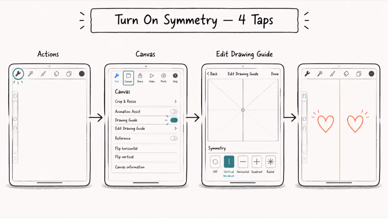 Four-frame iPad sequence enabling Procreate Drawing Guide and Symmetry mode for mirrored strokes.
