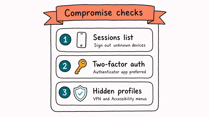 Numbered safety checklist for Snapchat sessions two factor authentication and hidden monitoring profiles review.