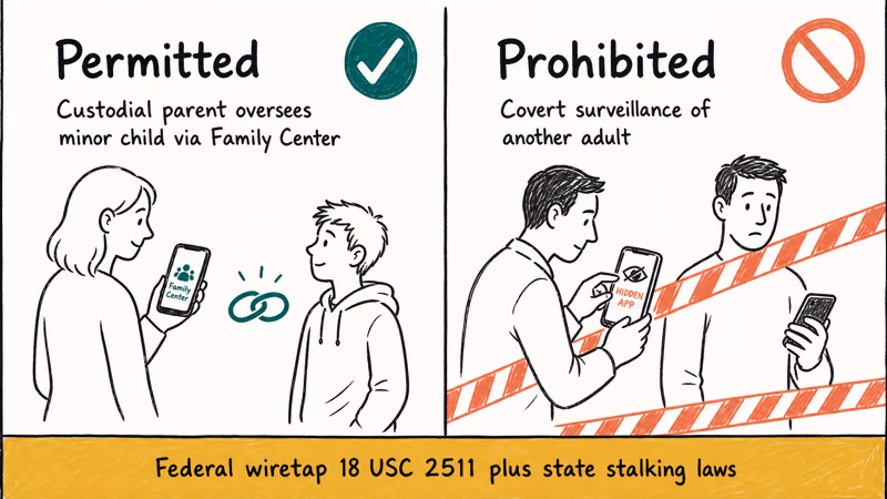 Two panel illustration contrasting permitted parental Family Center oversight with prohibited covert adult monitoring.