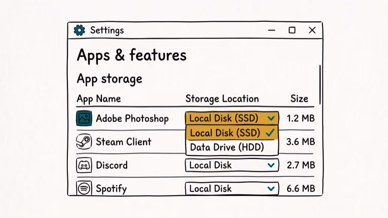 Windows Settings Apps section showing installed apps list with storage location selector for SSD to HDD