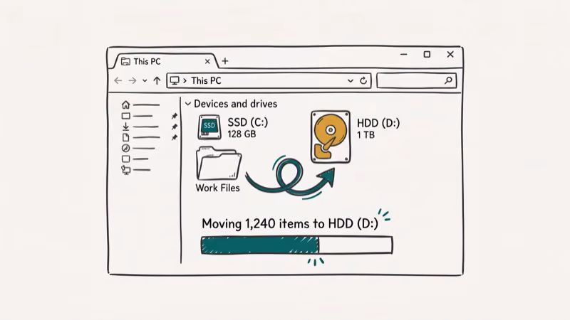 Windows File Explorer showing folder drag from SSD drive icon to HDD drive with progress bar