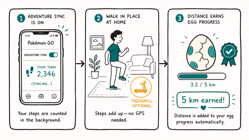 Three-panel flow showing Adventure Sync syncing indoor steps from treadmill walking into egg hatching meter