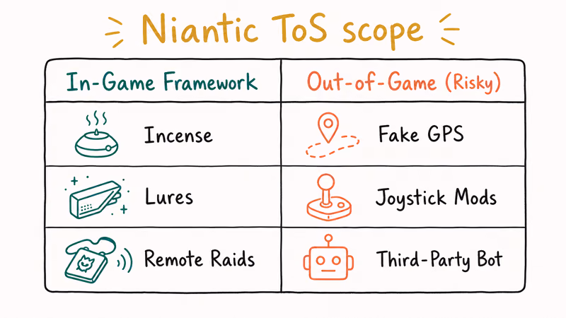 Two-column comparison framing in-game incense and lures against risky out-of-game GPS spoofing mods