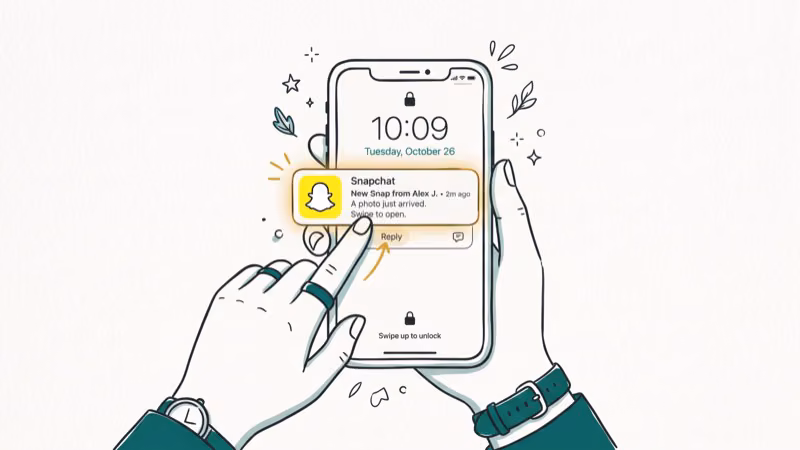 Smartphone lock screen showing Snapchat notification preview with half-swipe gesture on notification