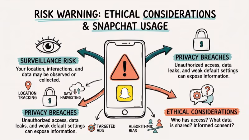 Risk warning diagram showing smartphone with caution triangle, privacy lock icon, and ethical considerations