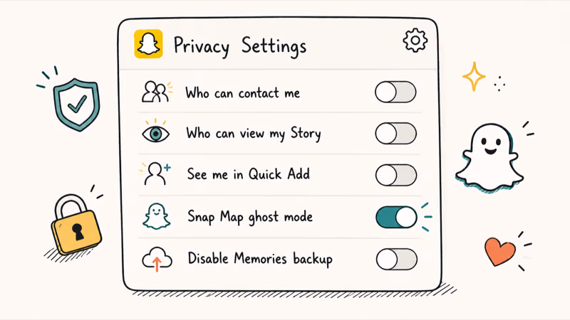 Snapchat privacy settings panel with five toggles including ghost mode highlighted teal and contact controls