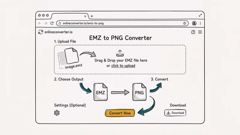 Browser window showing online file converter with EMZ file being dragged into upload area for PNG conversion