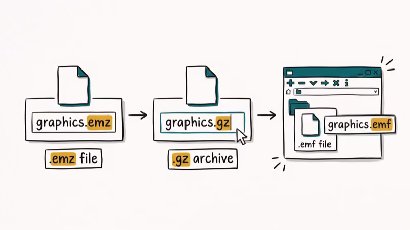 EMZ file icon being renamed to GZ then extracted with archive tool showing EMF file inside