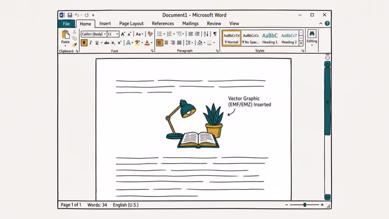 Microsoft Word document window with embedded vector graphic successfully inserted from EMZ file