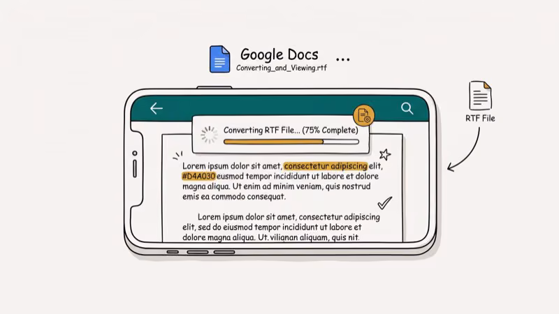 Mobile phone with Google Docs app open displaying RTF file with formatting preserved on screen