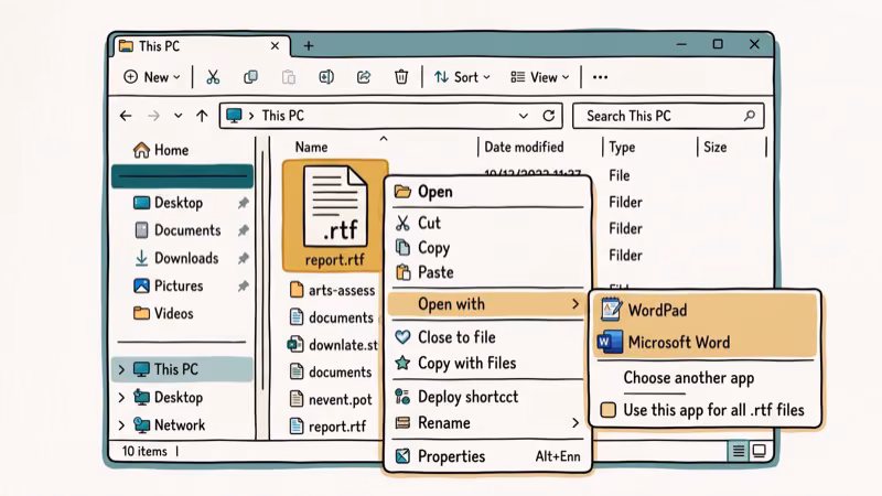 Windows 11 file manager showing RTF file right-click context menu with Open With WordPad option highlighted