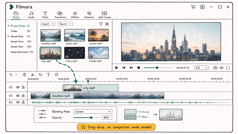 Filmora interface dragging media clip to V2 track with blending mode and opacity panel highlighted