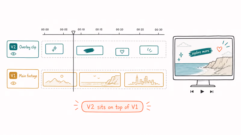 NLE timeline with V1 main footage and V2 overlay track stacked feeding a preview monitor