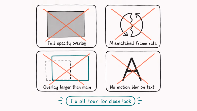 Four overlay mistake cards full opacity mismatched frame rate oversized overlay and missing motion blur