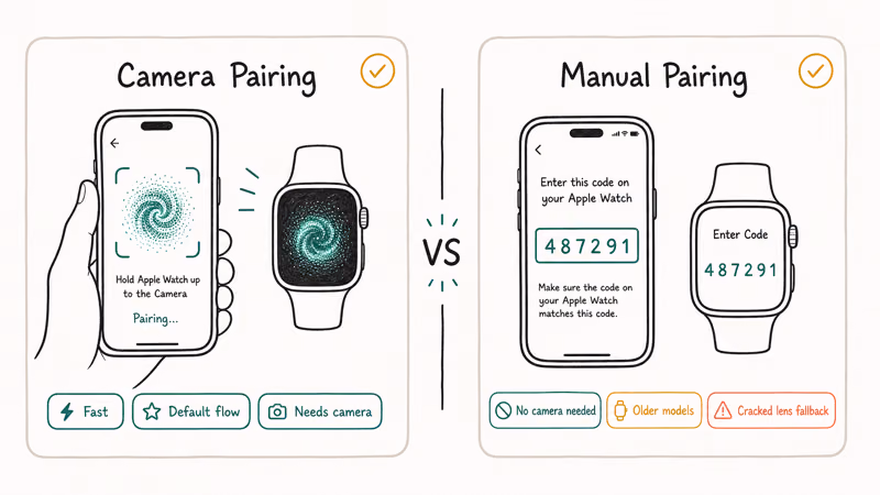 Comparison of Apple Watch camera pairing using swirl animation versus manual pairing with six digit code entry