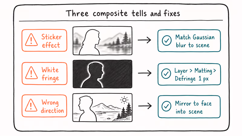 Three common compositing tells with quick fixes for sticker fringe and wrong subject direction issues.