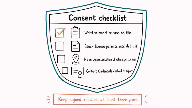 Hand drawn consent checklist shield listing model release license check disclosure and content credentials items.