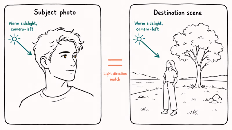 Side by side comparison showing matching warm sidelight direction in subject photo and destination scene.