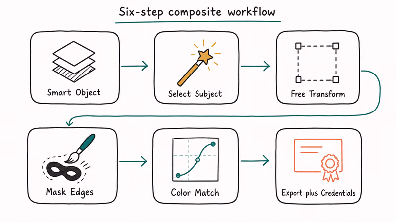 Six step Photoshop compositing pipeline from smart object selection scaling masking color match export.