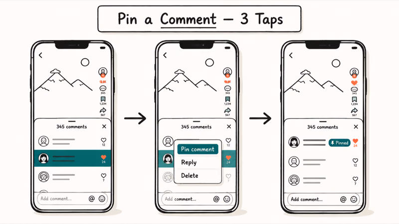 Three-screen sequence showing long-press menu and Pin Comment selection on a TikTok video.