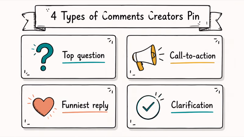 Four-card hand-drawn grid of comment types worth pinning on TikTok including questions and clarifications.