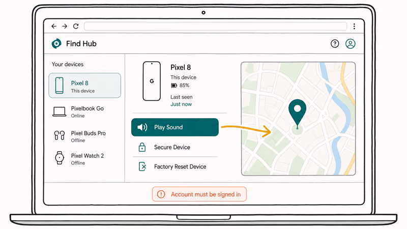 Find Hub web interface with Pixel selected Play Sound button highlighted and map location pin