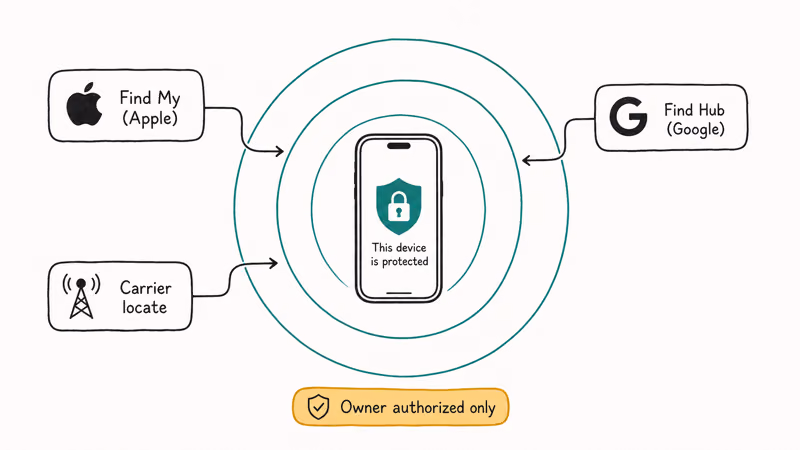 Phone with radio-wave rings showing three authorized ping paths Find My Find Hub and carrier