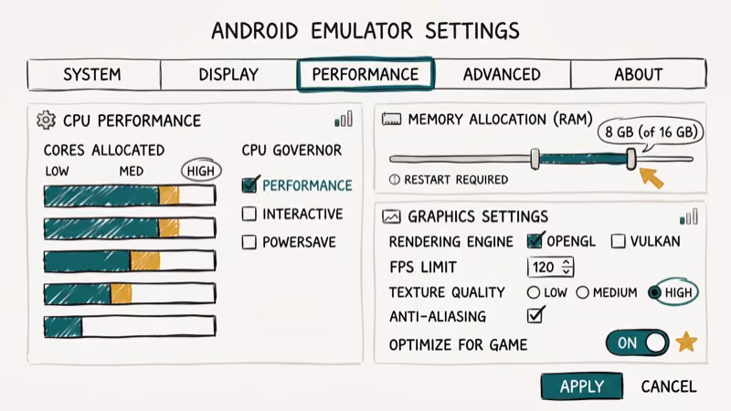 Android emulator settings showing CPU cores, RAM allocation slider and graphics controls for game performance
