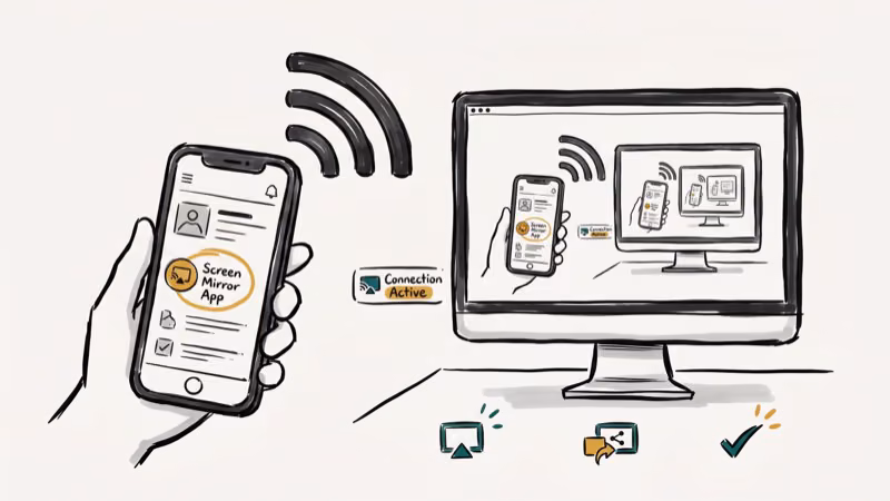 Smartphone mirroring wirelessly to PC monitor with wireless signal waves connecting phone and screen