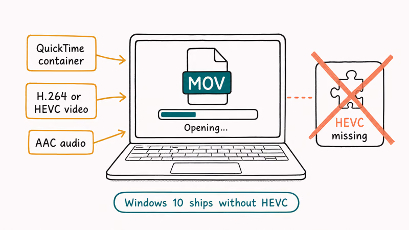 Laptop showing MOV file fail with missing HEVC codec card and three QuickTime container labels