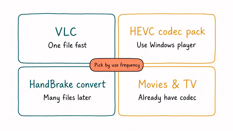 Four-method decision grid VLC codec pack HandBrake convert and Movies and TV with use cases