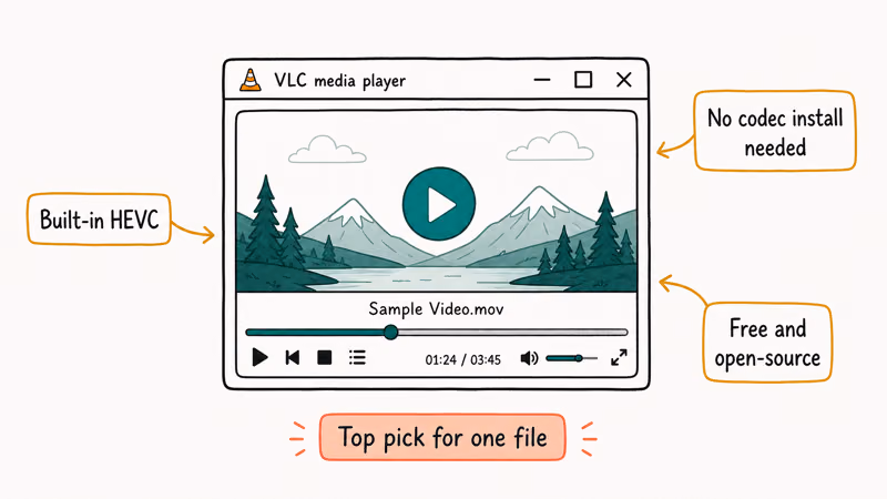 VLC media player window playing MOV file with built-in codec free and open-source callouts