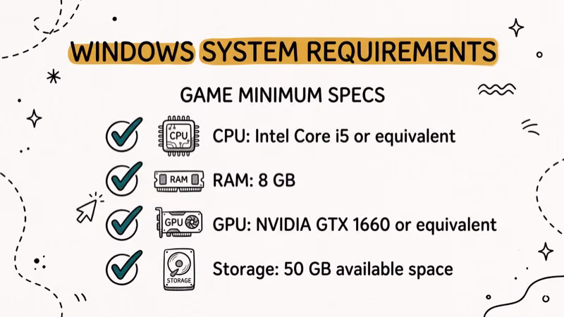 Windows system requirements checklist showing CPU, RAM, GPU and storage icons with checkmarks for game specifications