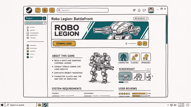 Steam store page showing War Robots game with download button and robot mech graphics on PC desktop