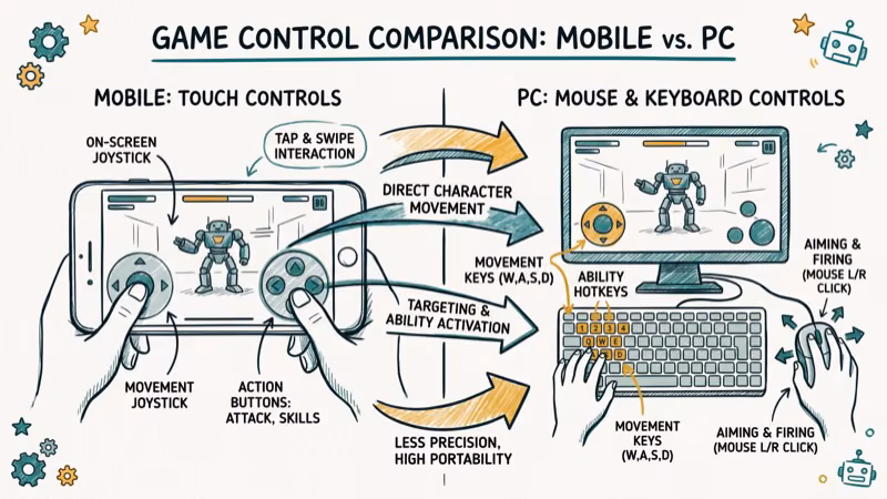 Comparison diagram showing mobile phone with touch controls on left vs PC with mouse and keyboard on right for robot combat game