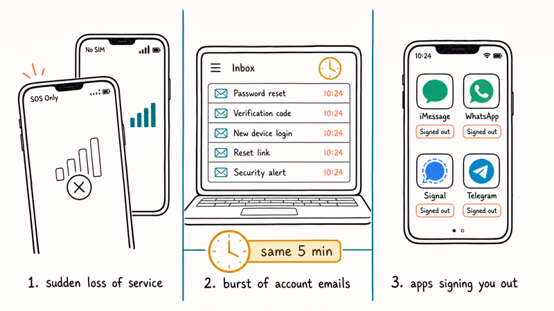 Three early SIM swap warning signs no signal account email burst and forced app logouts