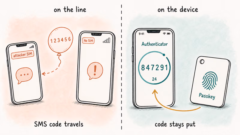 SMS code intercepted on swapped SIM while authenticator app and passkey stay safe on device