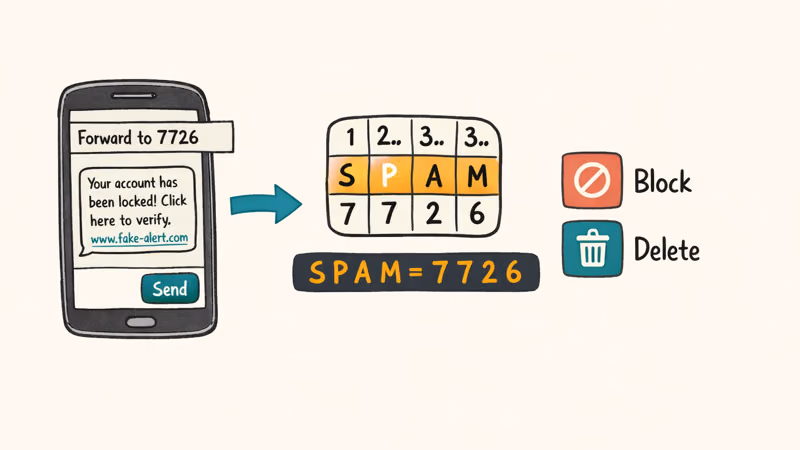 Phone forwarding a scam text to 7726, the keypad digits that spell the word SPAM