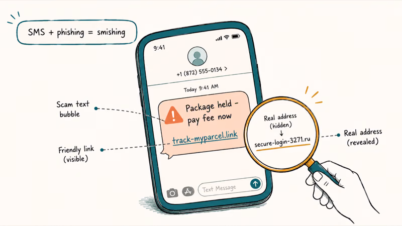 Hand-drawn phone showing an urgent fake text with a hidden malicious link revealed by a magnifier