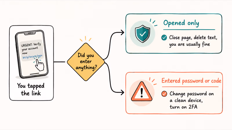 Forked path after tapping a smishing link, splitting into opened-only safe versus entered-credentials lockdown steps