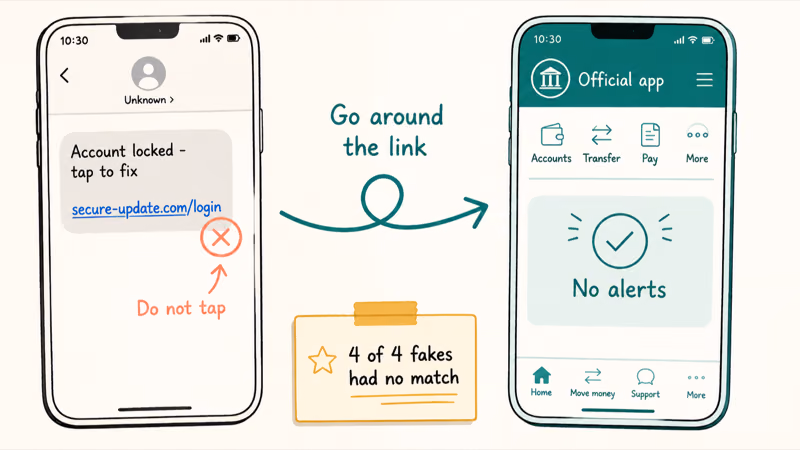 Two phones contrasting a fake text link with checking alerts inside the official app