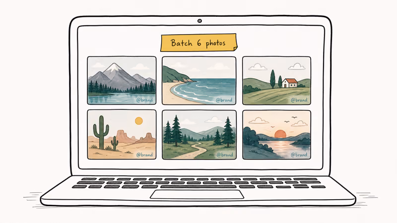 Hand-drawn laptop showing six photo thumbnails in a grid stamped with the same brand watermark via Watermarkly