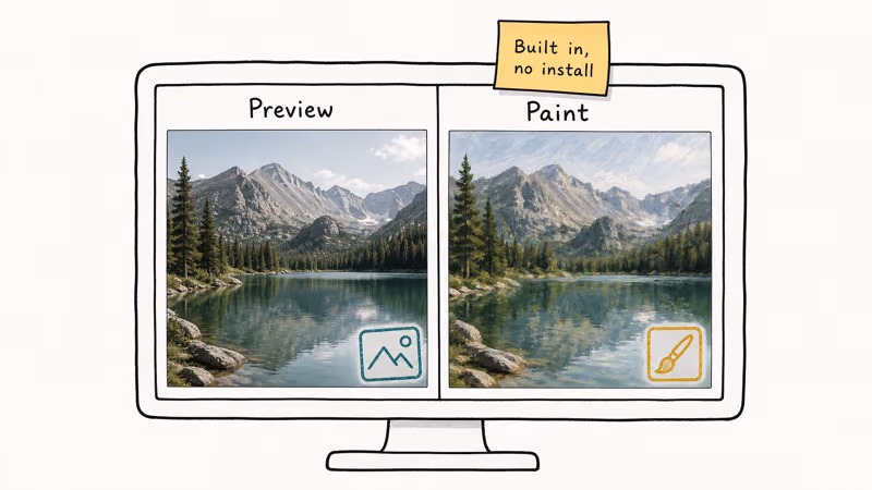Hand-drawn split showing macOS Preview and Windows Paint as built-in watermark options with sample stamped photos