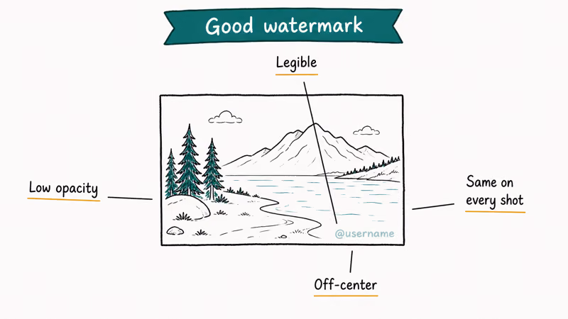 Hand-drawn photo frame with username watermark and four labels showing legibility opacity placement consistency