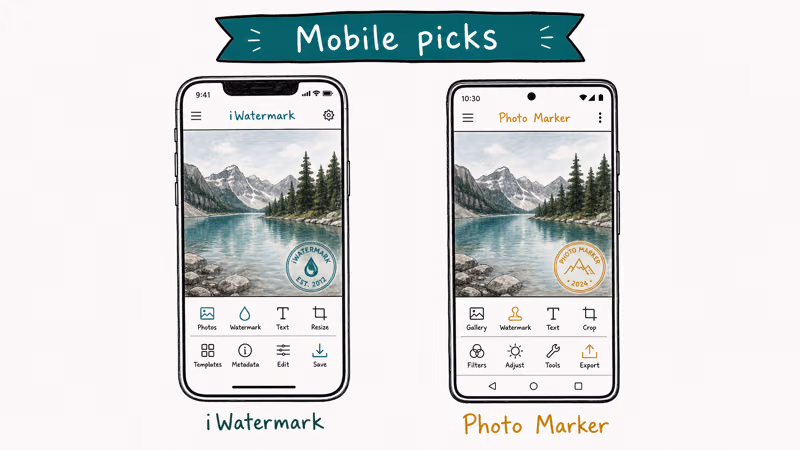 Hand-drawn iPhone and Android side by side showing iWatermark and Photo Marker apps with sample stamped photos