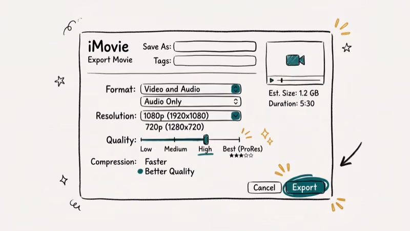 iMovie export dialog showing video quality settings, format options and resolution choices with export button highlighted