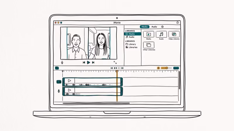 iMovie on MacBook showing timeline with two video clips stacked for split-screen composition setup